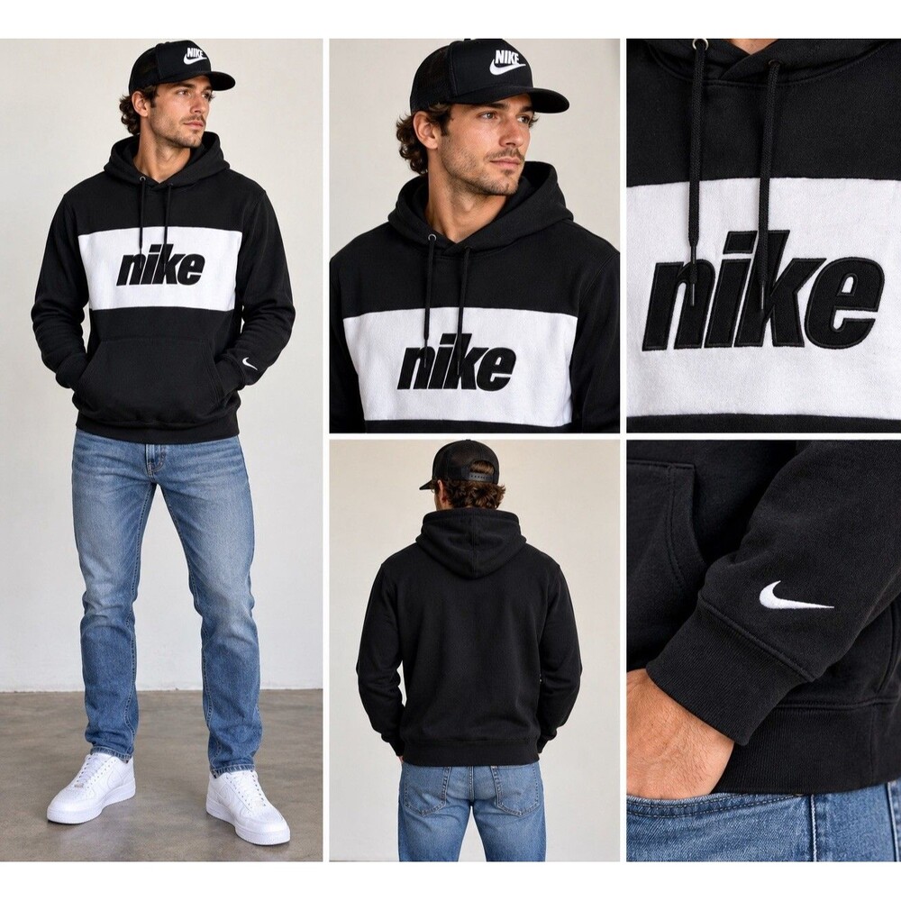Nike NSW Club Pullover Hoodie Black White Colorblock Big Logo HQ2477-011